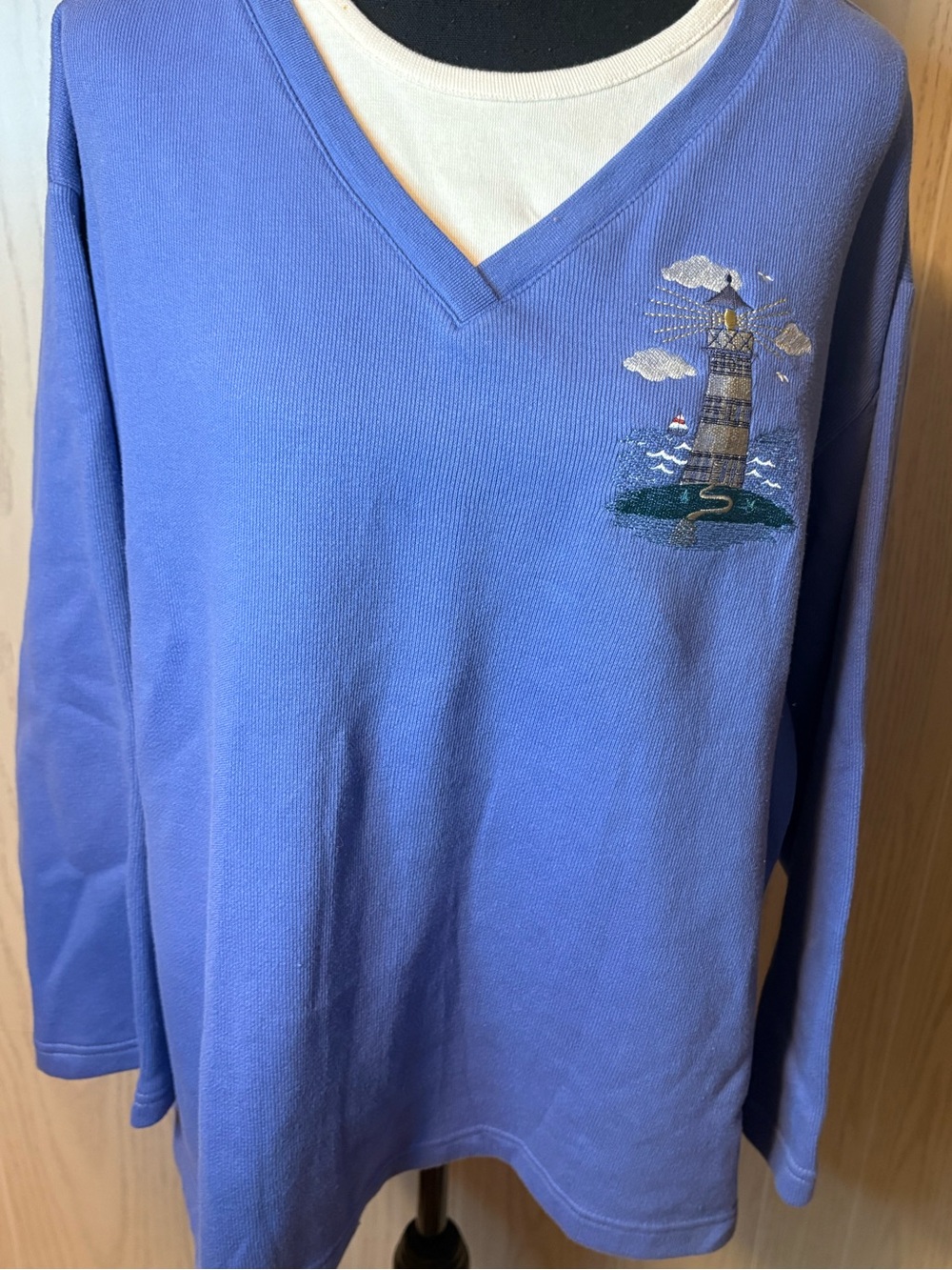 Vintage XL Lilac V-Neck Pullover with Embroidered Lighthouse Nautical 90’s